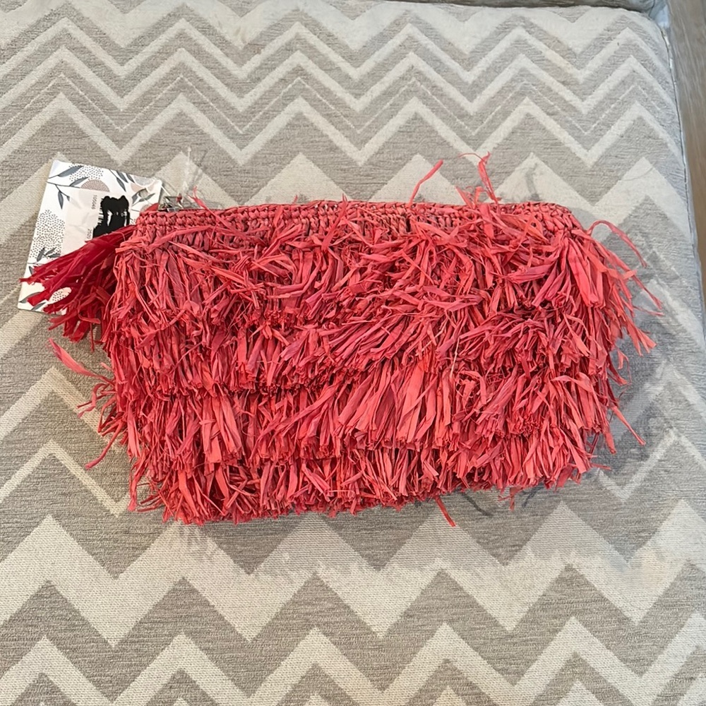 NWT Shebobo Pink Raffia Clutch